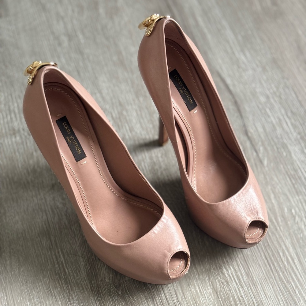 Louis Vuitton Blush Peep Toe Heels with Gold Detail Oh Really Heels